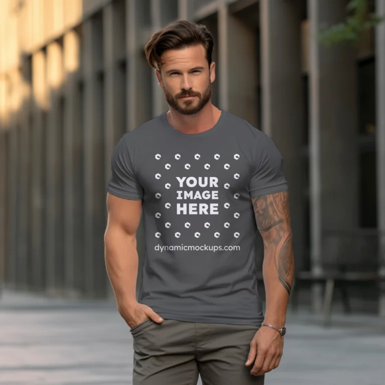 Man Wearing Dark Gray T-shirt Mockup Front View Template