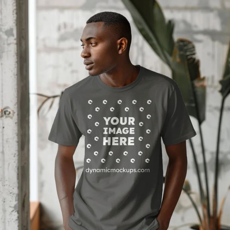 Man Wearing Dark Gray T-shirt Mockup Front View Template