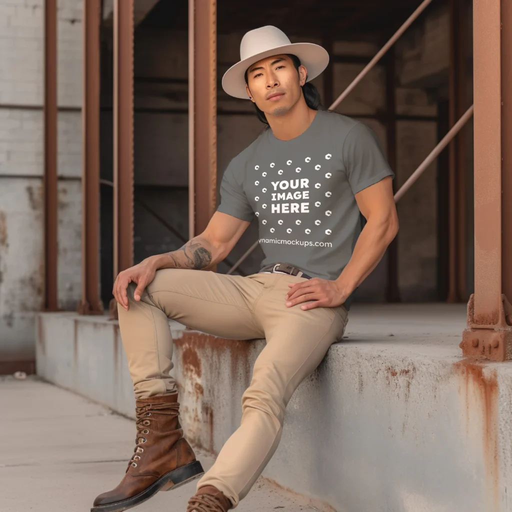 Man Wearing Dark Gray T-shirt Mockup Front View Template