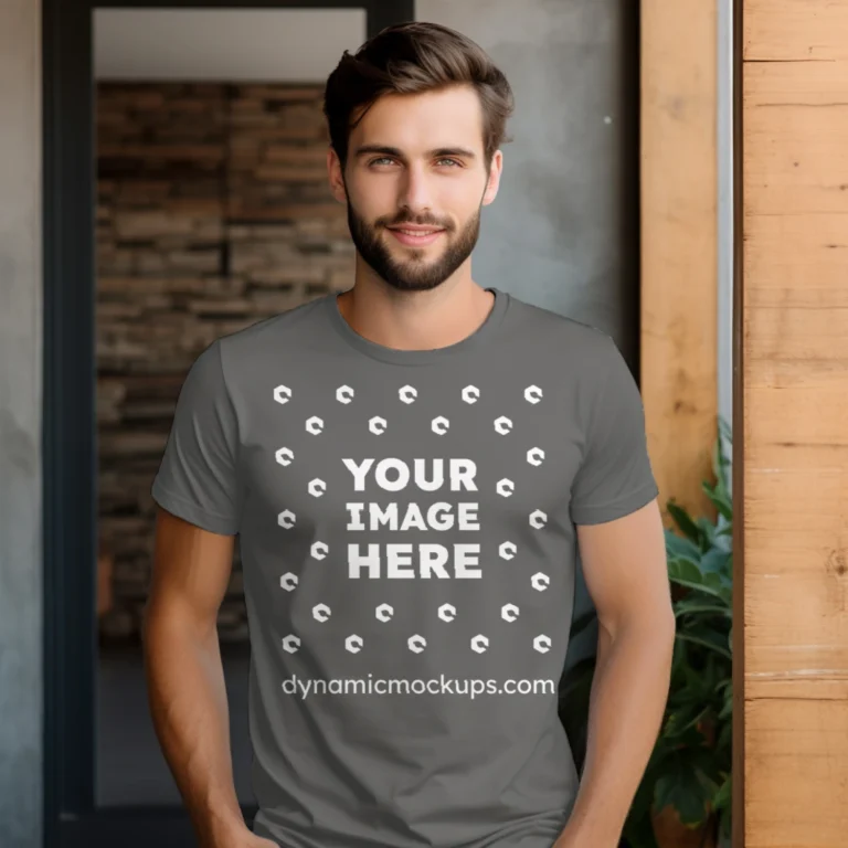 Man Wearing Dark Gray T-shirt Mockup Front View Template