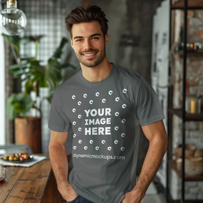 Man Wearing Dark Gray T-shirt Mockup Front View Template