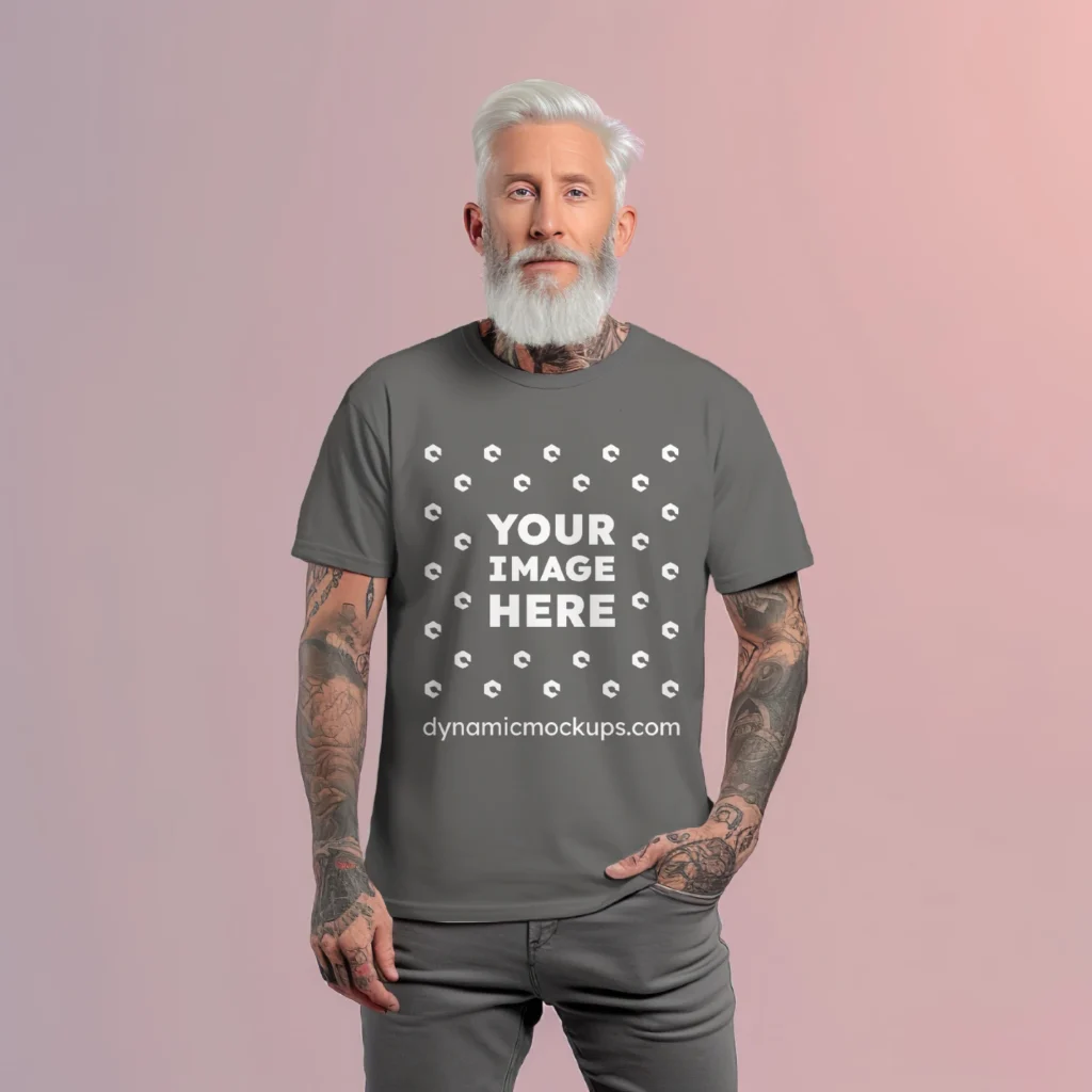 Man Wearing Dark Gray T-shirt Mockup Front View Template