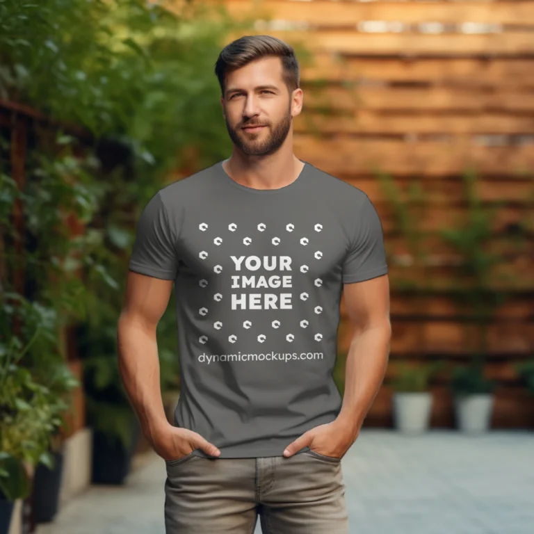 Man Wearing Dark Gray T-shirt Mockup Front View Template