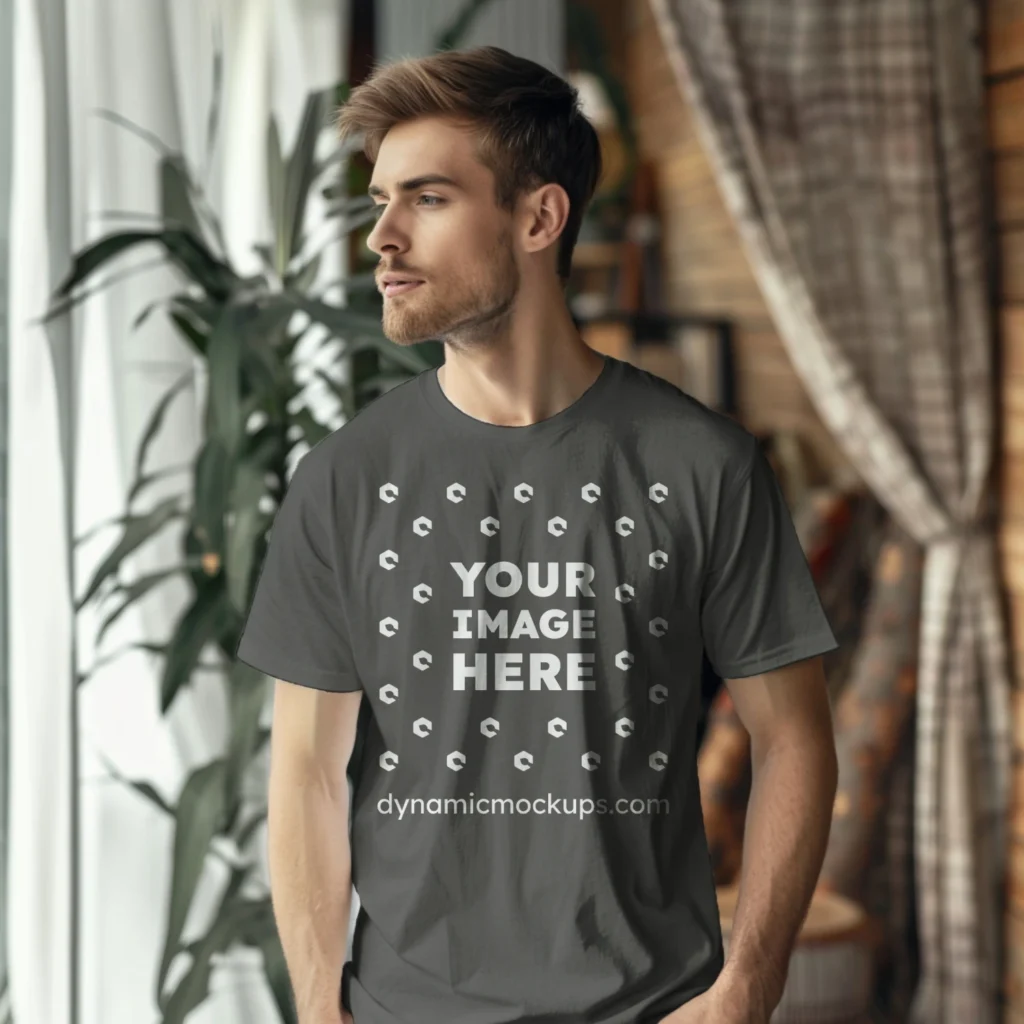 Man Wearing Dark Gray T-shirt Mockup Front View Template