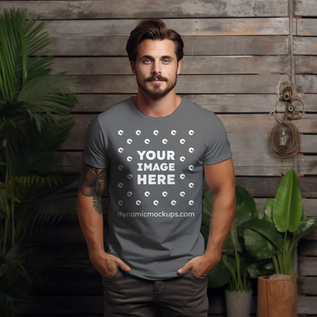 Man Wearing Dark Gray T-shirt Mockup Front View Template