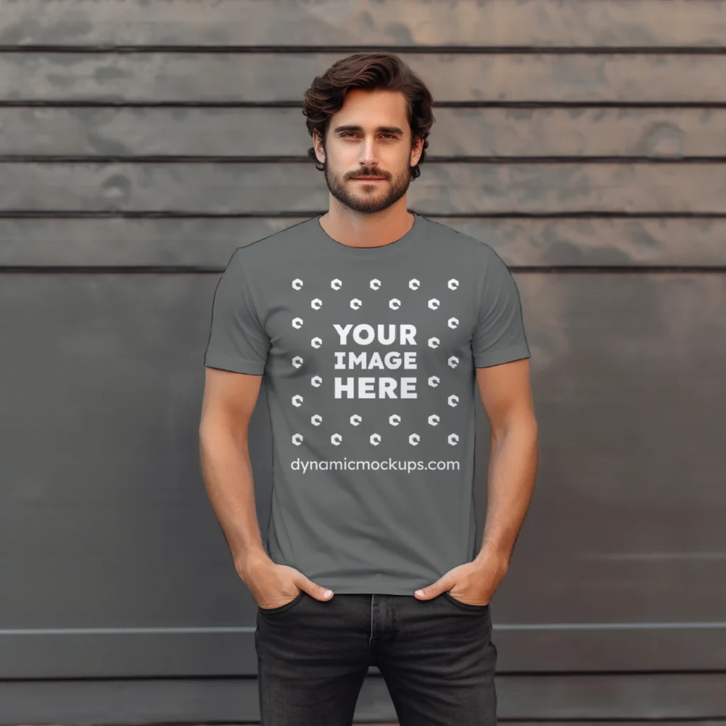 Man Wearing Dark Gray T-shirt Mockup Front View Template