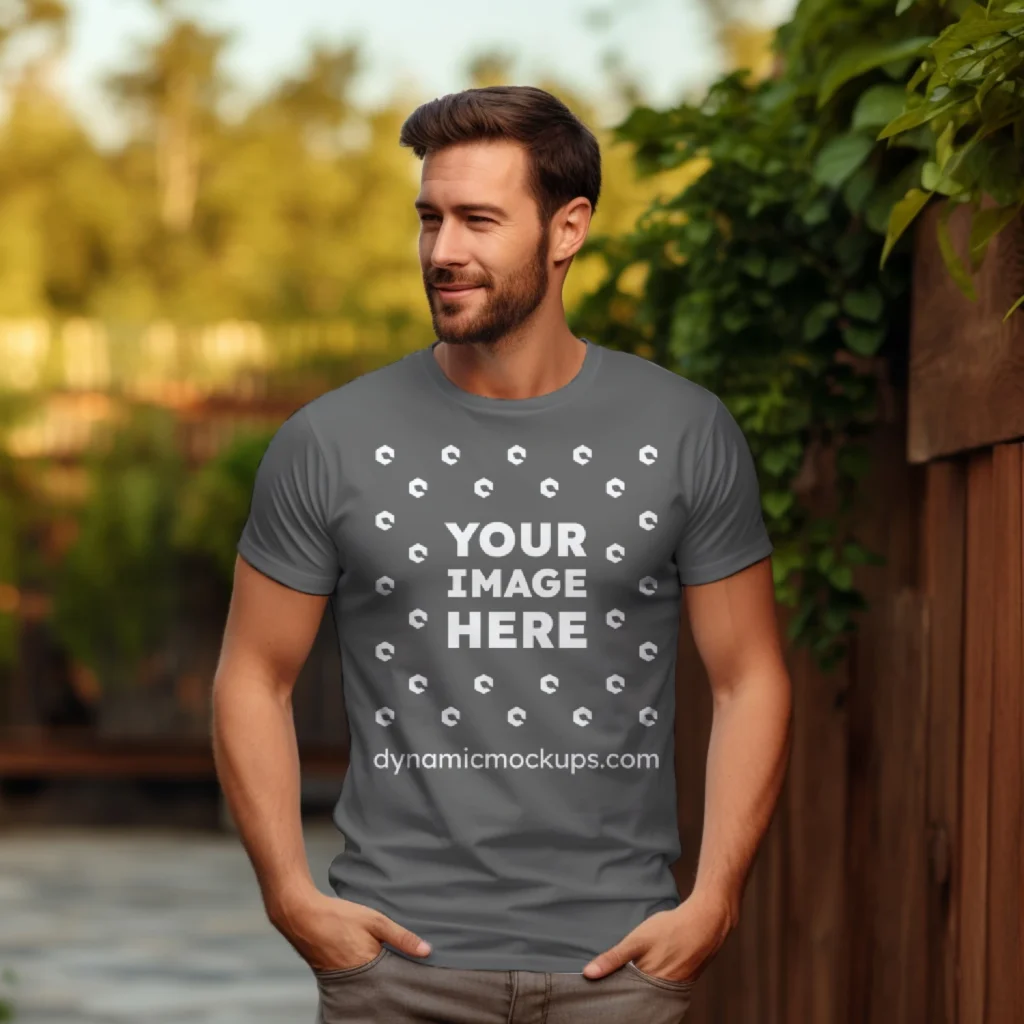 Man Wearing Dark Gray T-shirt Mockup Front View Template