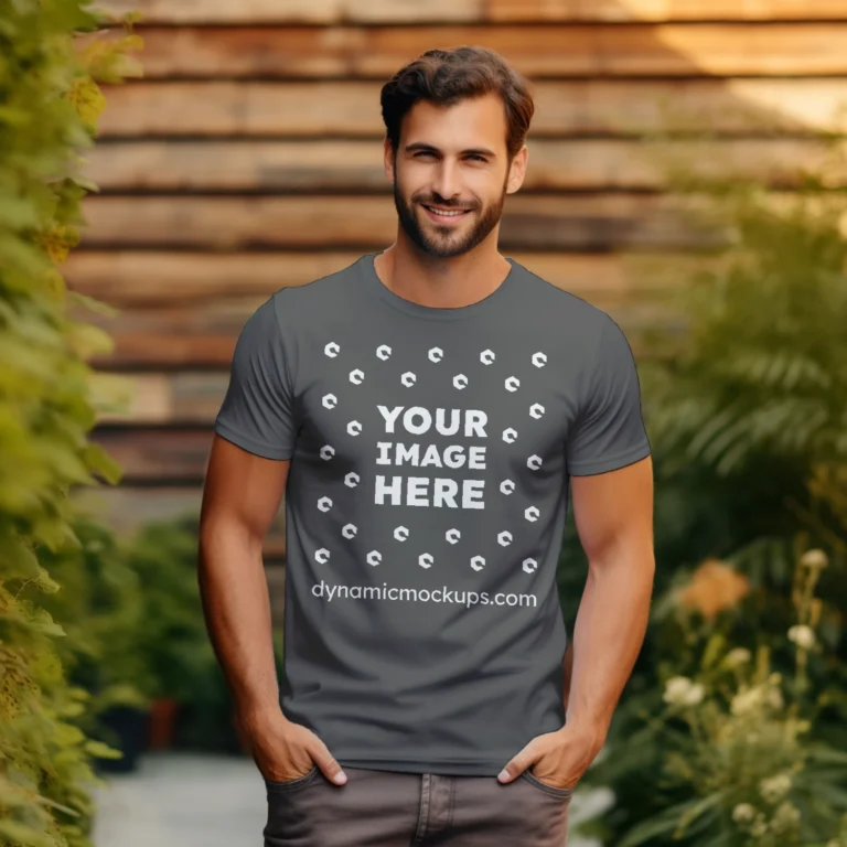 Man Wearing Dark Gray T-shirt Mockup Front View Template