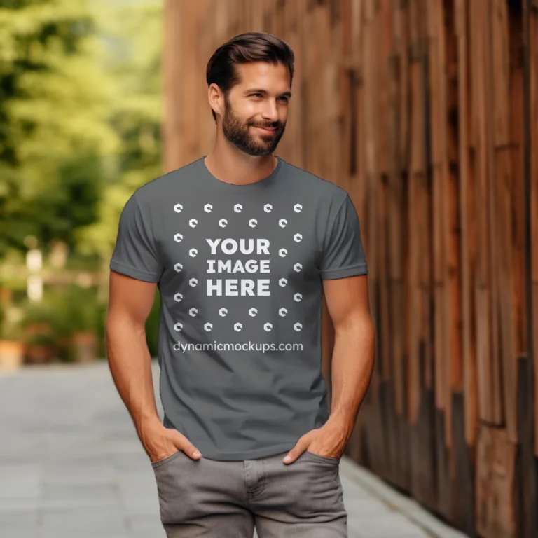 Man Wearing Dark Gray T-shirt Mockup Front View Template