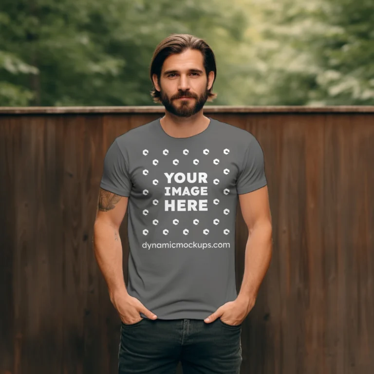 Man Wearing Dark Gray T-shirt Mockup Front View Template