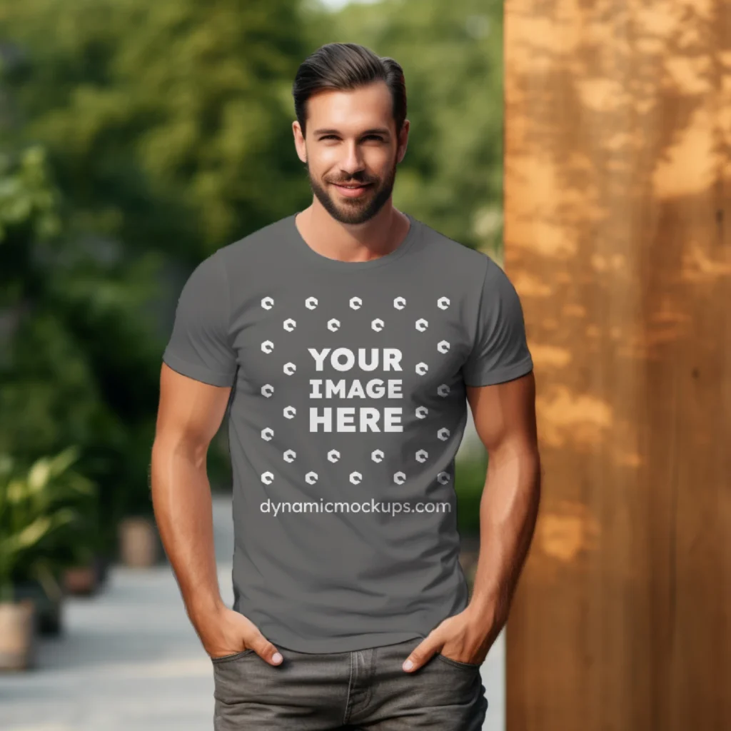 Man Wearing Dark Gray T-shirt Mockup Front View Template