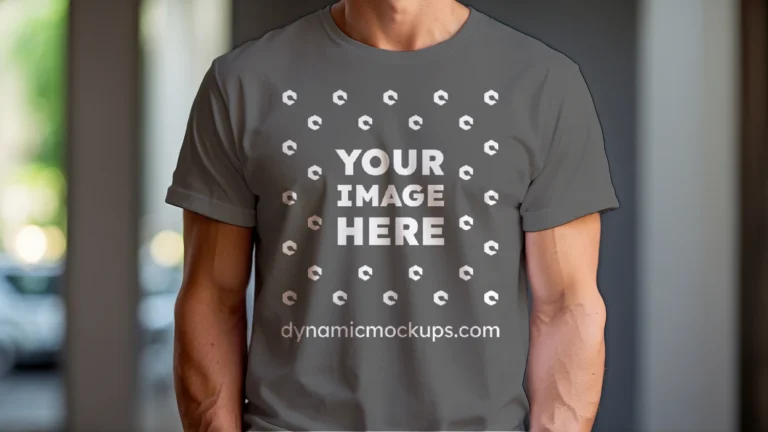 Man Wearing Dark Gray T-shirt Mockup Front View Template