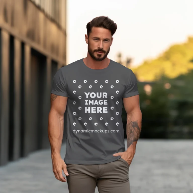 Man Wearing Dark Gray T-shirt Mockup Front View Template