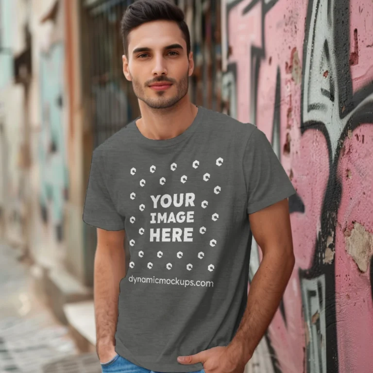 Man Wearing Dark Gray T-shirt Mockup Front View Template