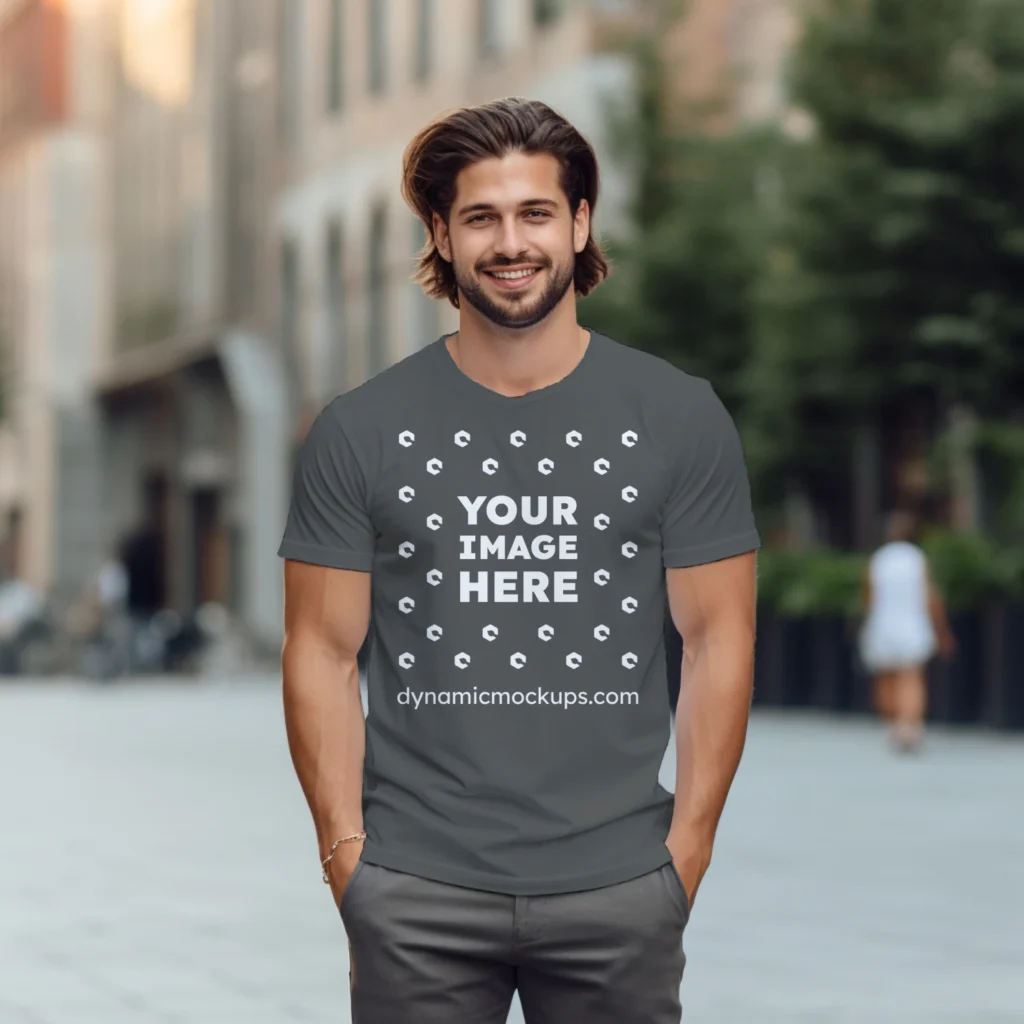 Man Wearing Dark Gray T-shirt Mockup Front View Template