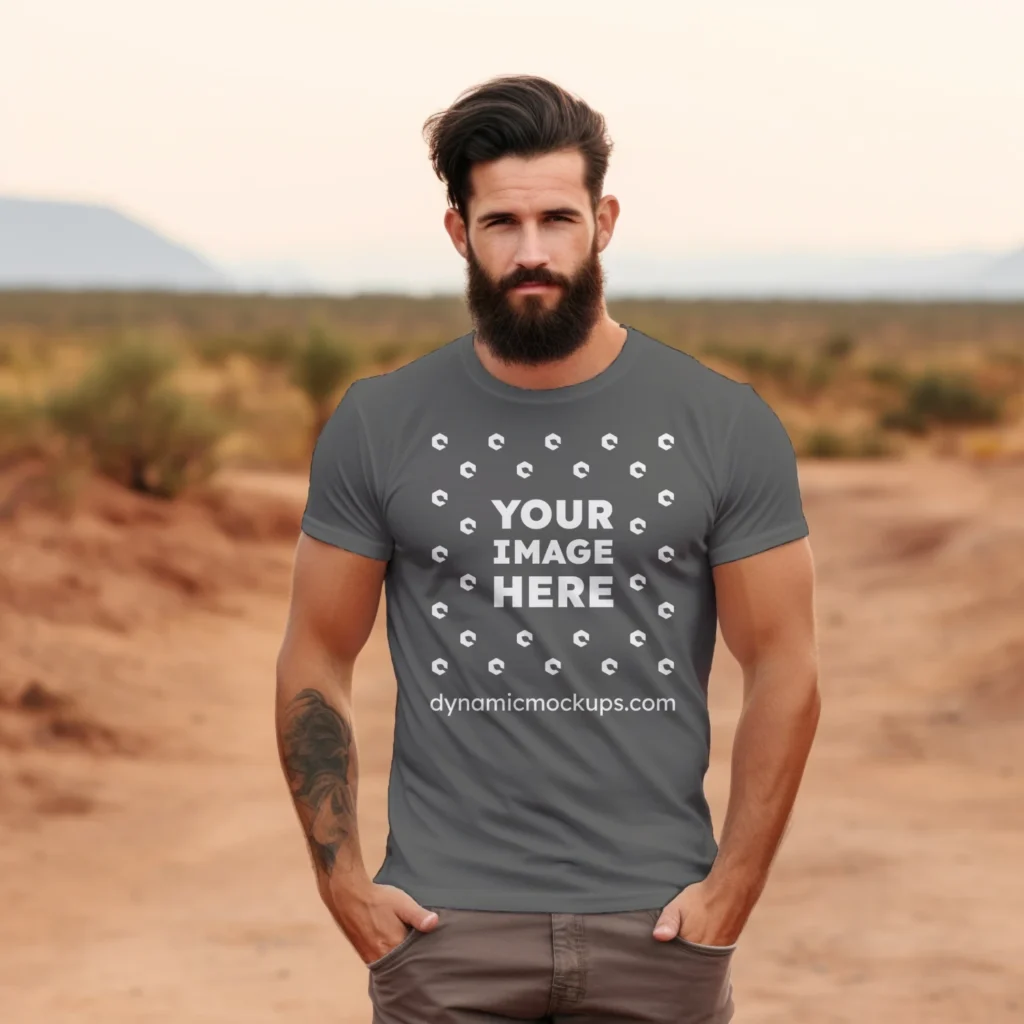 Man Wearing Dark Gray T-shirt Mockup Front View Template