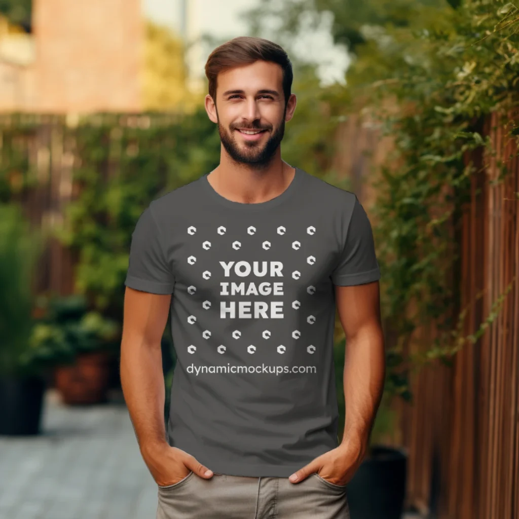 Man Wearing Dark Gray T-shirt Mockup Front View Template