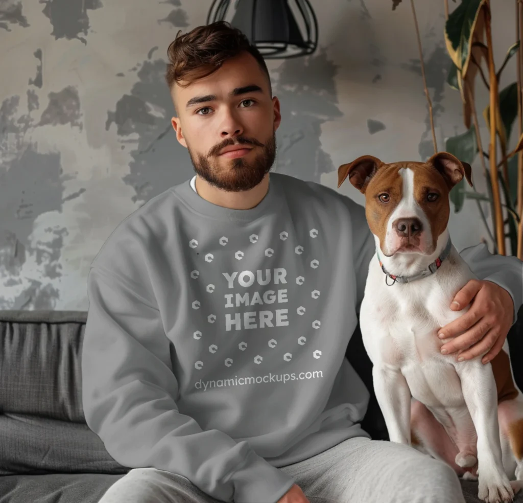 Man Wearing Gray Sweatshirt Mockup Front View Template