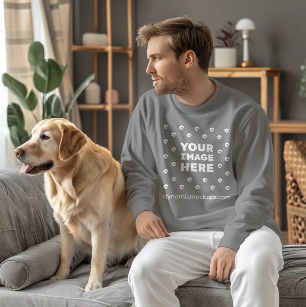 Man Wearing Gray Sweatshirt Mockup Front View Template