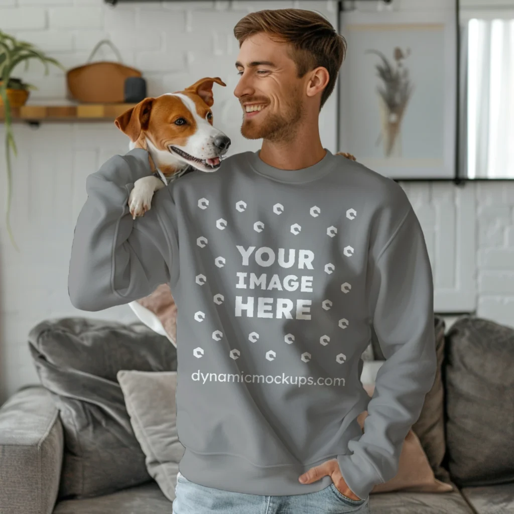 Man Wearing Gray Sweatshirt Mockup Front View Template