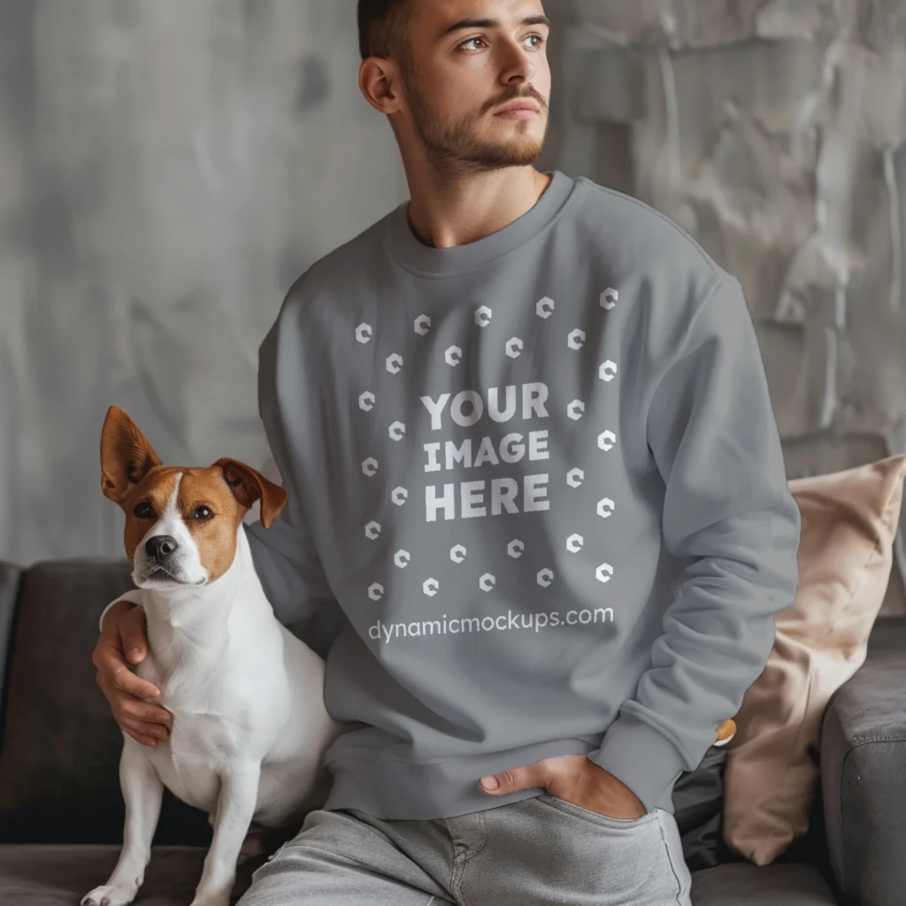 Man Wearing Gray Sweatshirt Mockup Front View Template