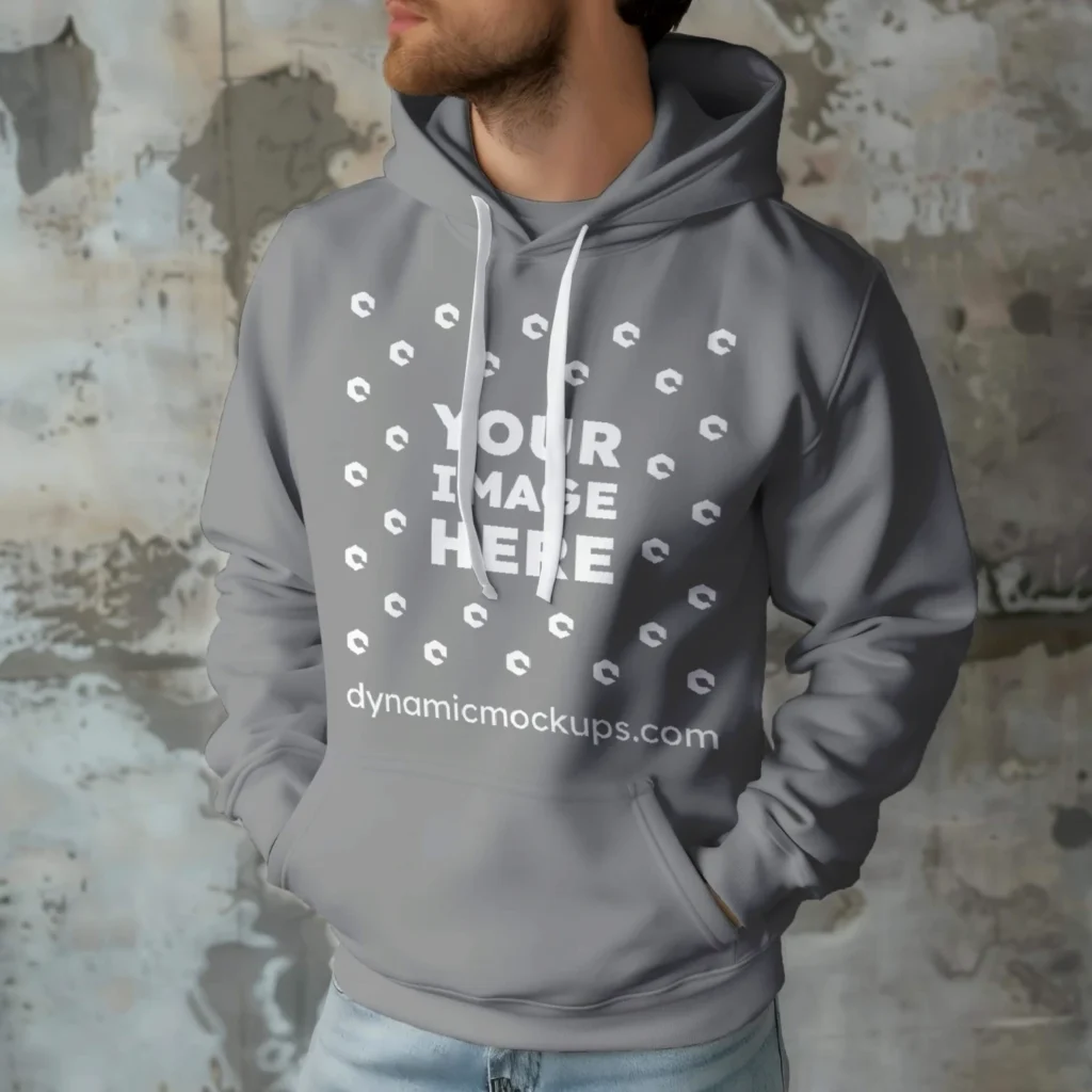 Man Wearing Gray Hoodie Mockup Front View Template