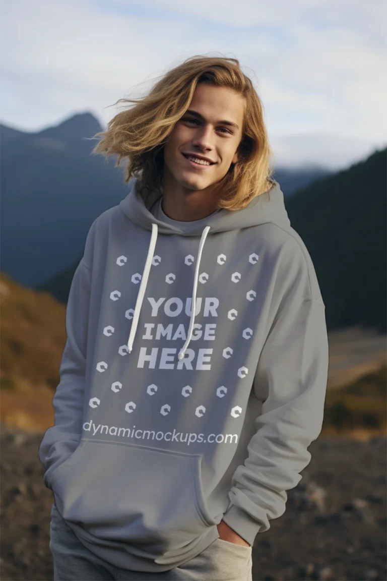 Man Wearing Gray Hoodie Mockup Front View Template