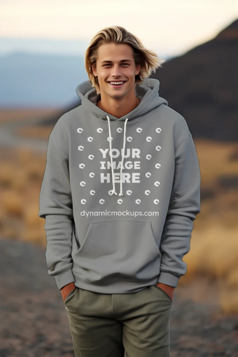 Man Wearing Gray Hoodie Mockup Front View Template