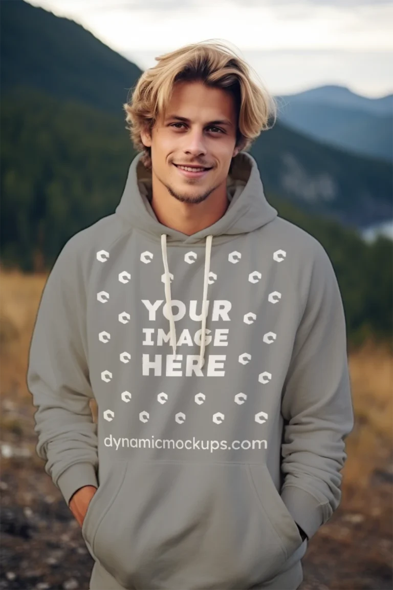 Man Wearing Gray Hoodie Mockup Front View Template