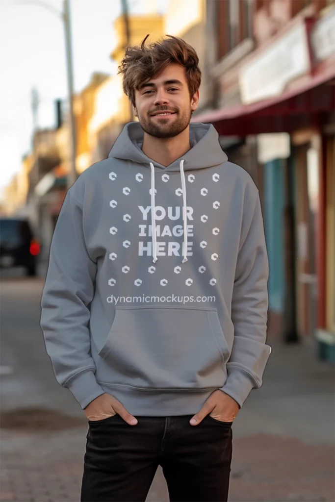 Man Wearing Gray Hoodie Mockup Front View Template