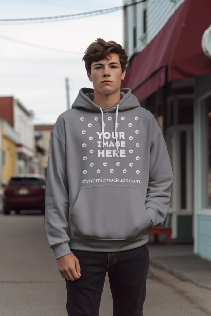 Man Wearing Gray Hoodie Mockup Front View Template