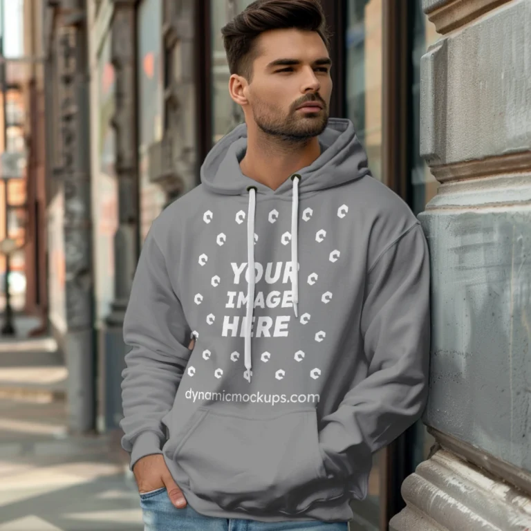 Man Wearing Gray Hoodie Mockup Front View Template