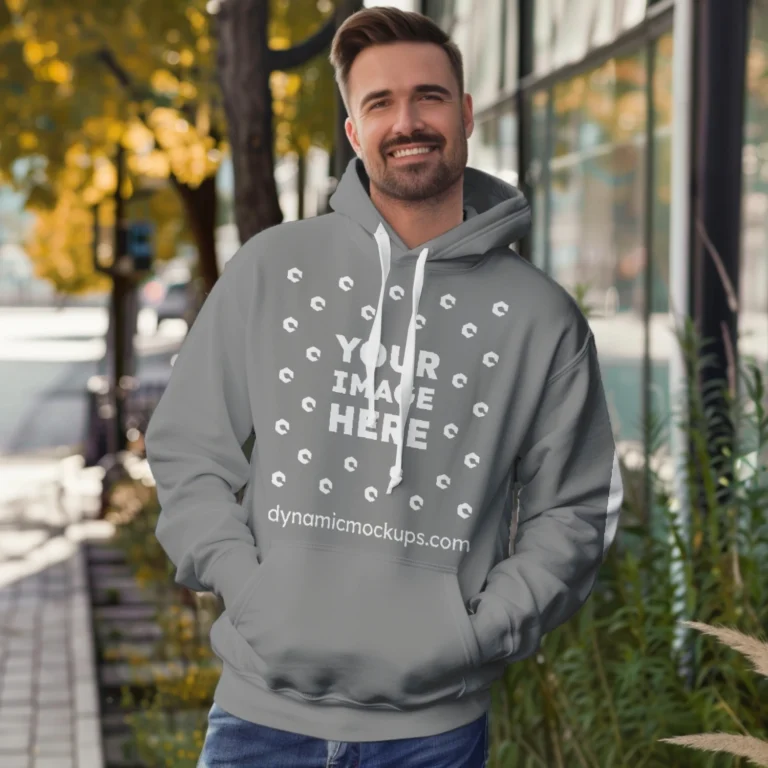 Man Wearing Gray Hoodie Mockup Front View Template