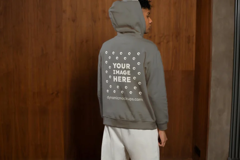 Man Wearing Gray Hoodie Mockup Back View Template