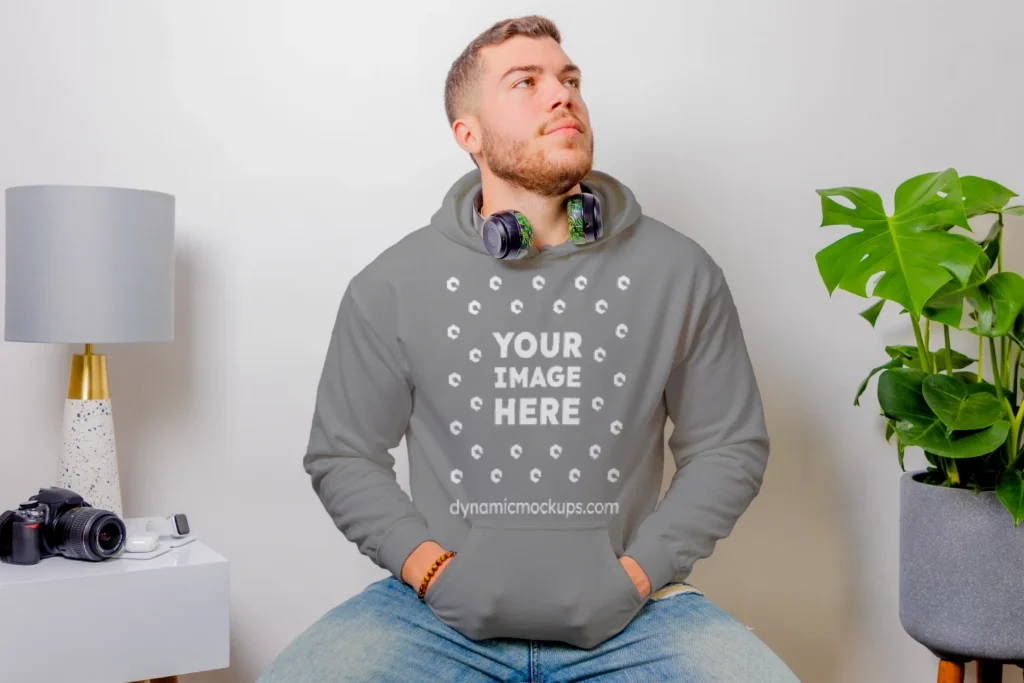 Man Wearing Gray Hoodie Mockup Front View Template