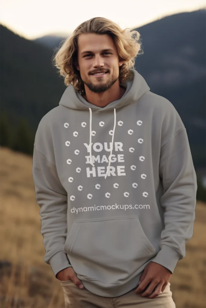 Man Wearing Gray Hoodie Mockup Front View Template