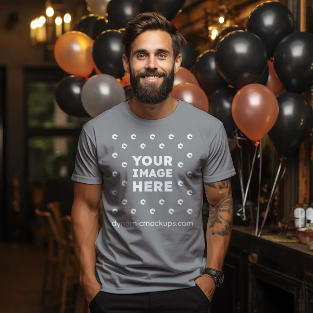 Man Wearing Gray T-shirt Mockup Front View Template