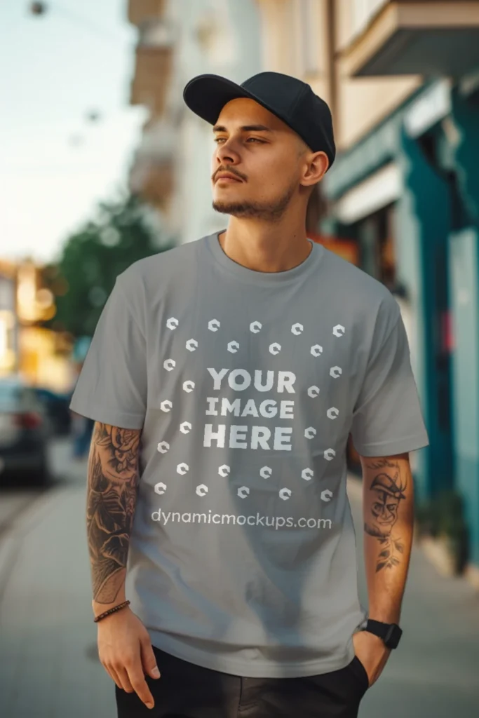 Man Wearing Gray T-shirt Mockup Front View Template