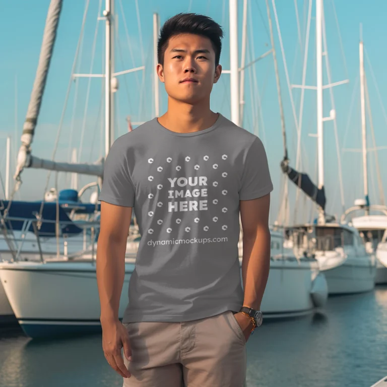 Man Wearing Gray T-shirt Mockup Front View Template