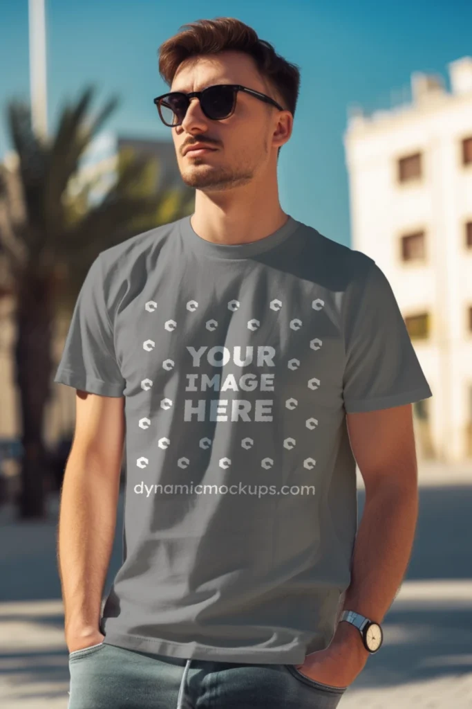 Man Wearing Gray T-shirt Mockup Front View Template