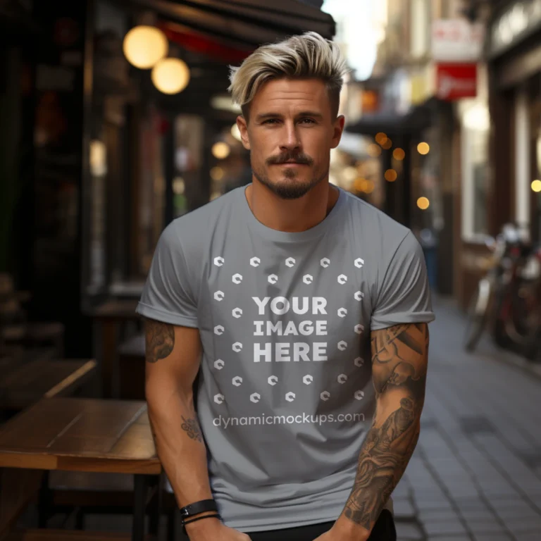 Man Wearing Gray T-shirt Mockup Front View Template