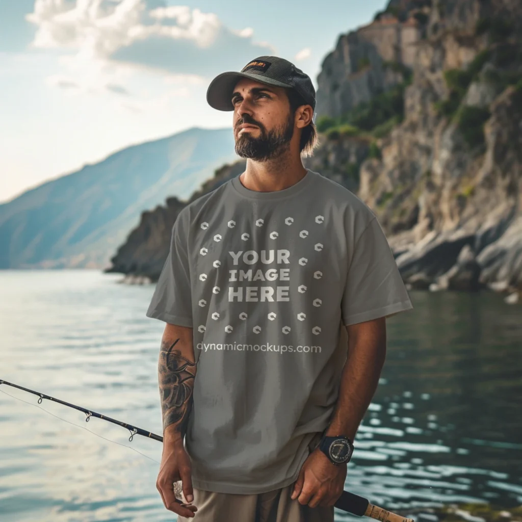 Man Wearing Gray T-shirt Mockup Front View Template