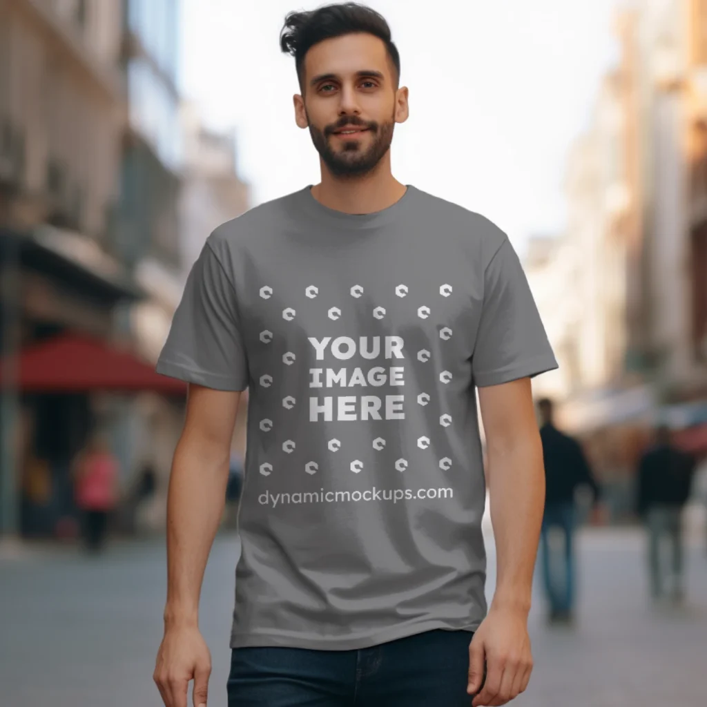 Man Wearing Gray T-shirt Mockup Front View Template