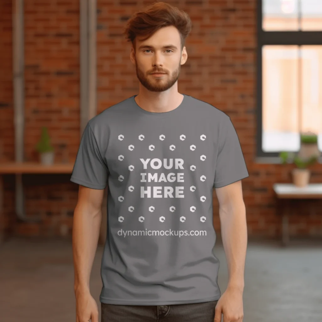 Man Wearing Gray T-shirt Mockup Front View Template