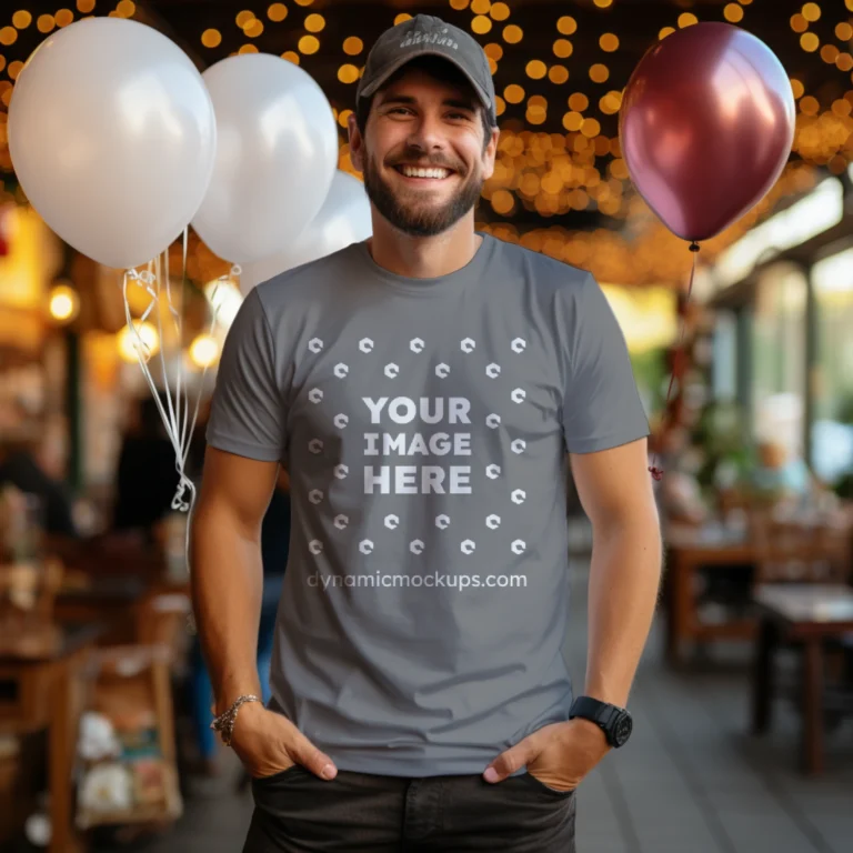 Man Wearing Gray T-shirt Mockup Front View Template