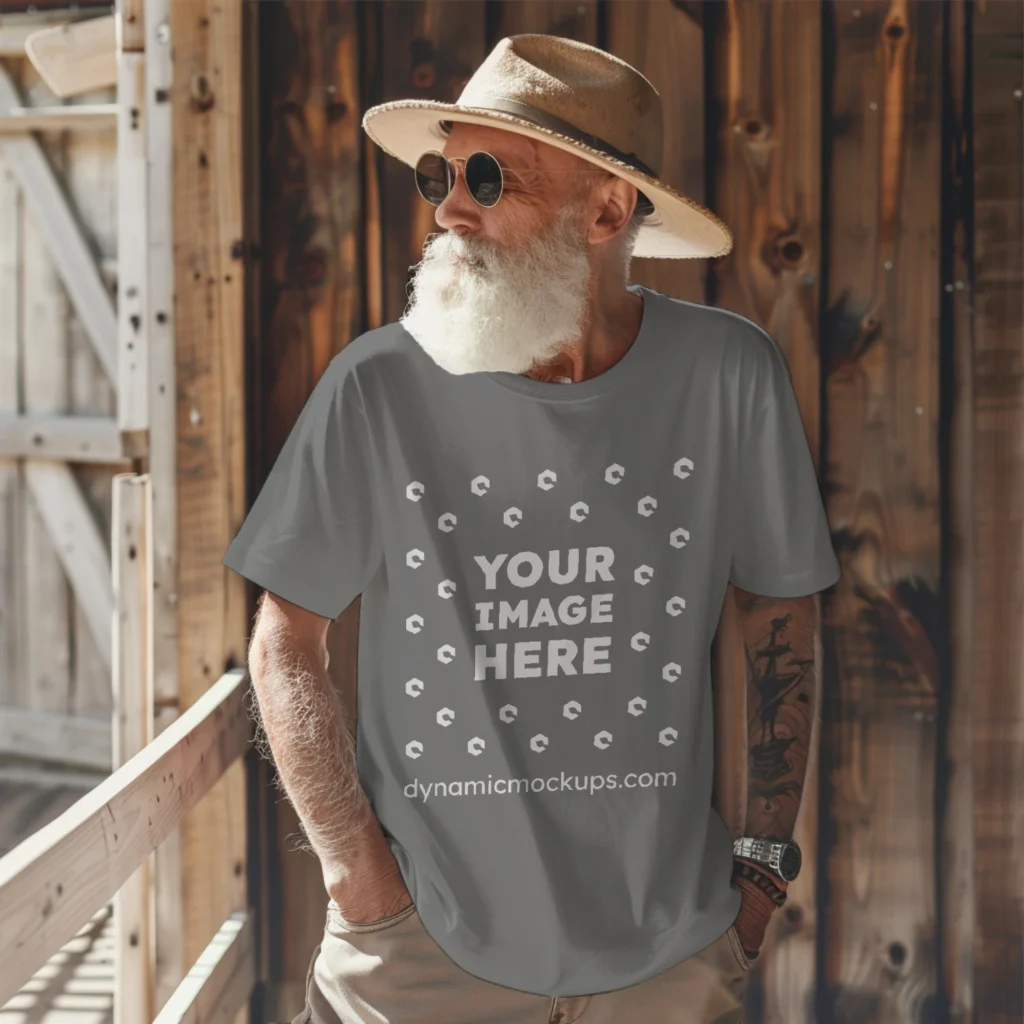 Man Wearing Gray T-shirt Mockup Front View Template