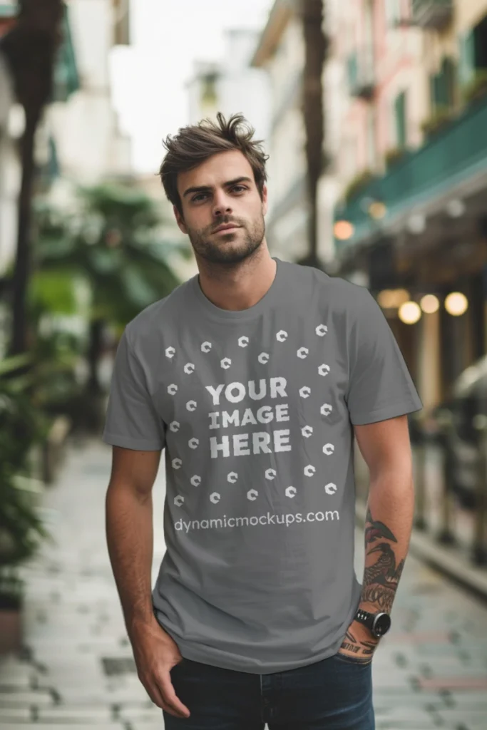 Man Wearing Gray T-shirt Mockup Front View Template