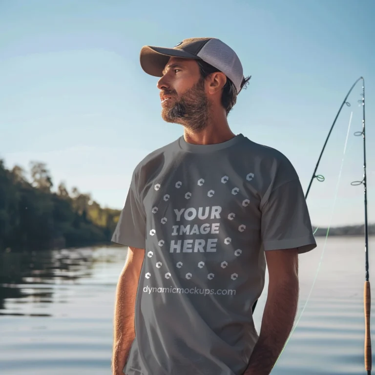 Man Wearing Gray T-shirt Mockup Front View Template