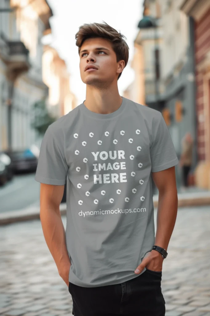 Man Wearing Gray T-shirt Mockup Front View Template