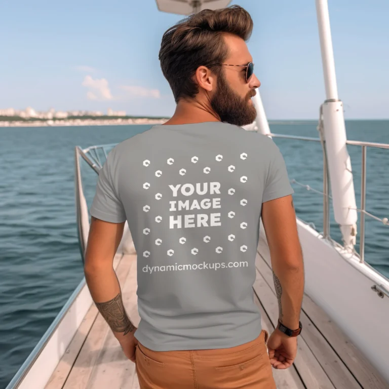 Man Wearing Gray T-shirt Mockup Back View Template